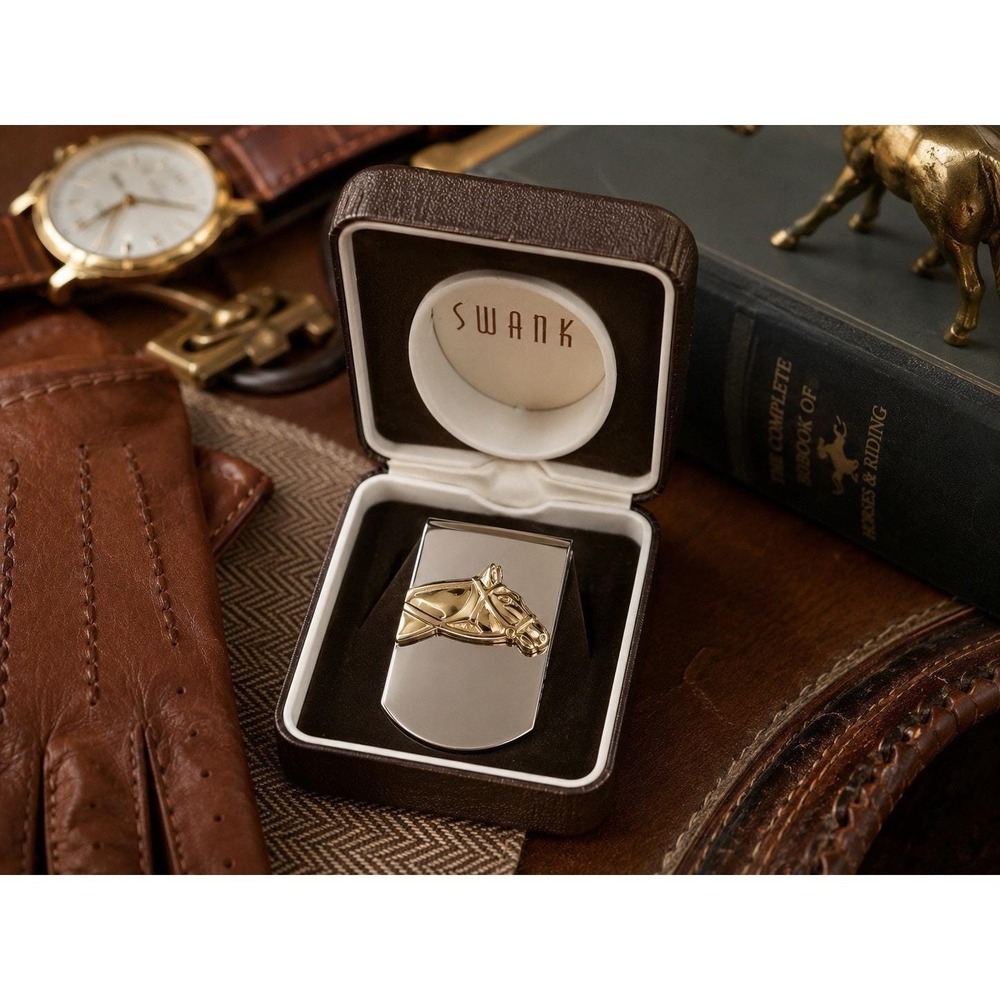 SWANK Horse Head Money Clip Silver Gold Tone Equestrian w/ Original Box VTG